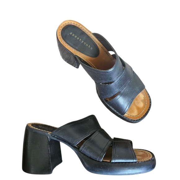 y2k vintage Apostrophe Black Leather Block heel platform sandal heels size 7 - Picture 1 of 9